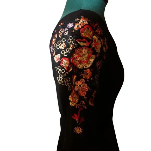 Free People Black Fit and Flare Skater Dress Embroidered  Sleeves Scoop Back S - Picture 5 of 8